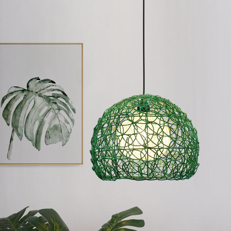 Kit di luce sospesa a gabbia Globe Modern Rattan 1 Testa Green Finitura Green Finitura a sospensione per il ristorante