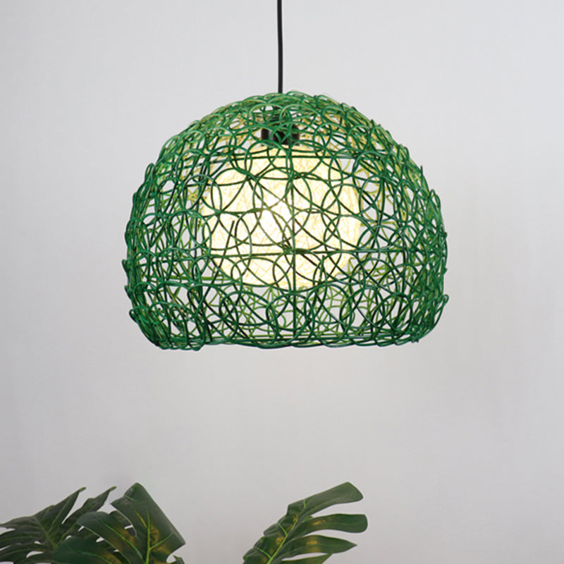 Kit di luce sospesa a gabbia Globe Modern Rattan 1 Testa Green Finitura Green Finitura a sospensione per il ristorante