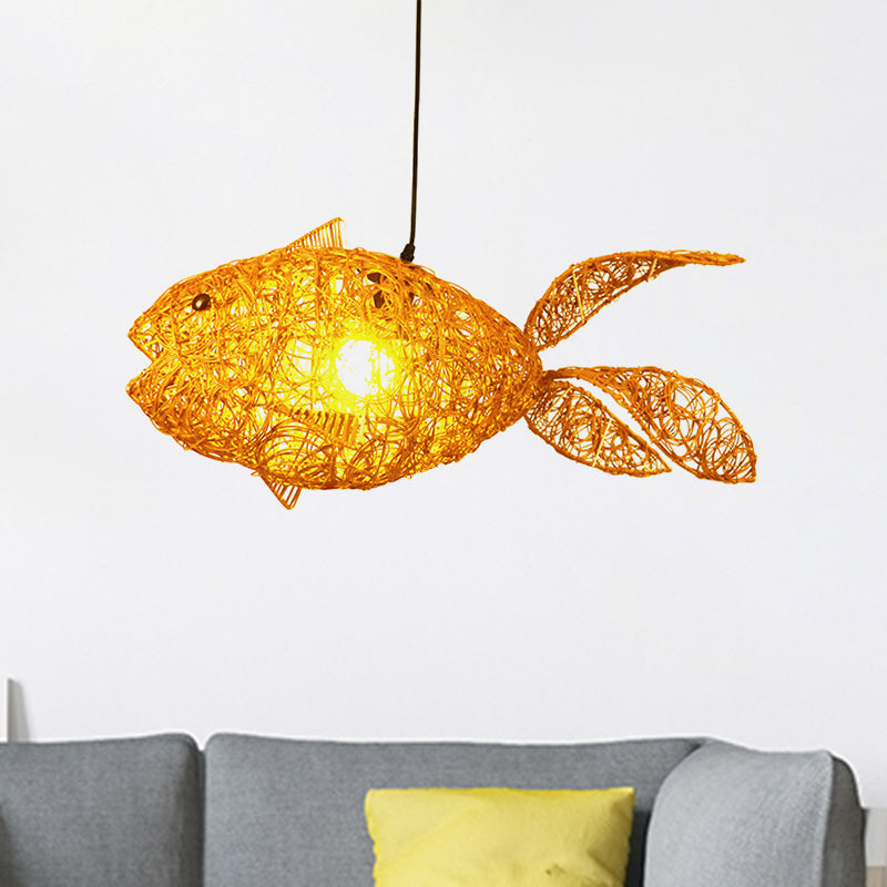 Lumo a pendolo a forma di pesce in stile asiatico Rattan a 1 lutto soggiorno appeso lampada a soffitto in oro