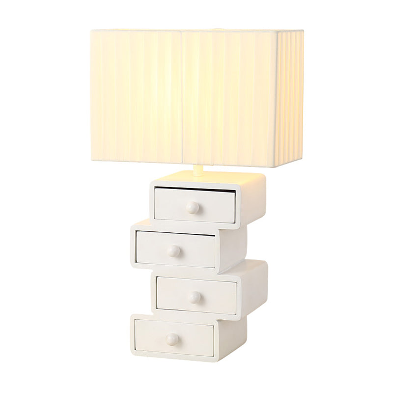 Rectangle Fabric Table Light Contemporary 1 Head White Nightstand Lamp with Drawer Wood Base