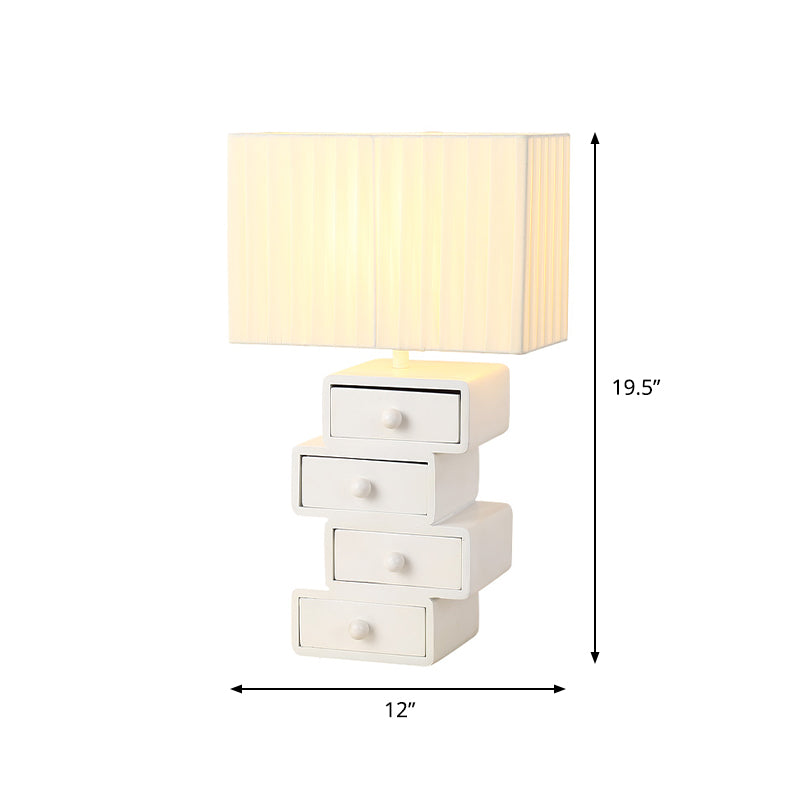 Rectangle Fabric Table Light Contemporary 1 Head White Nightstand Lamp with Drawer Wood Base