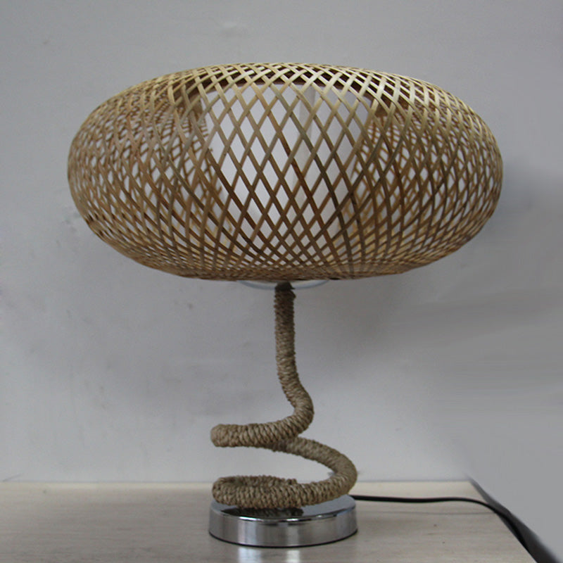 Woven Oval Nightstand Light Asian Bamboo Rattan 1-Head Flaxen Night Lamp with Rope Design