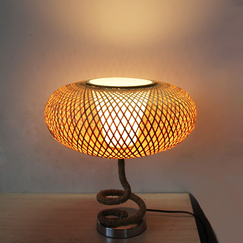 Woven Oval Nightstand Light Asian Bamboo Rattan 1-Head Flaxen Night Lamp with Rope Design