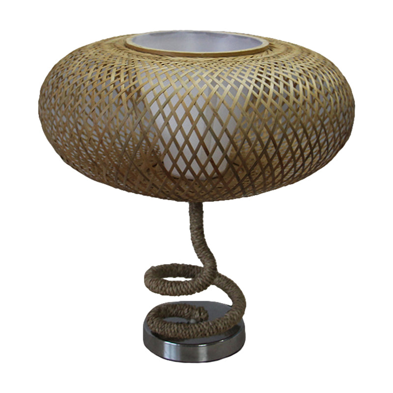 Woven Oval Nightstand Light Asian Bamboo Rattan 1-Head Flaxen Night Lamp with Rope Design