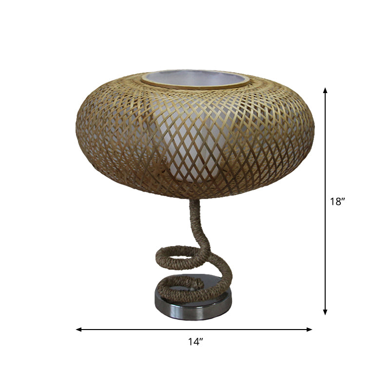 Woven Oval Nightstand Light Asian Bamboo Rattan 1-Head Flaxen Night Lamp with Rope Design