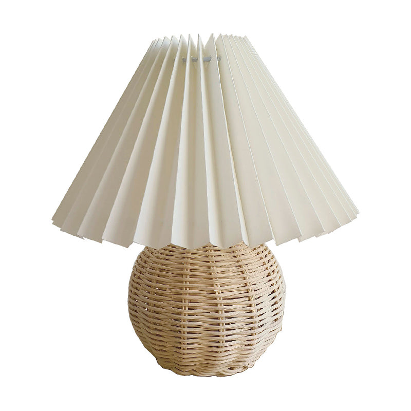 Ball Bamboo Rattan Table Light Modernist 1 Bulb White Night Lamp with Hundred Pleat Shade