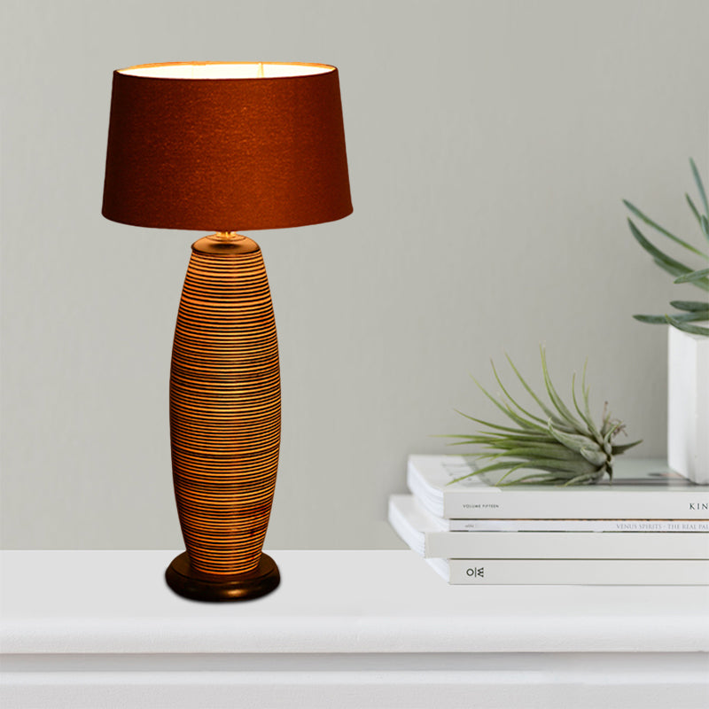 Coffee Cocoon Shaped Night Lighting Asia 1 Head Wood Night Table Lamp with Drum Brown Fabric Shade