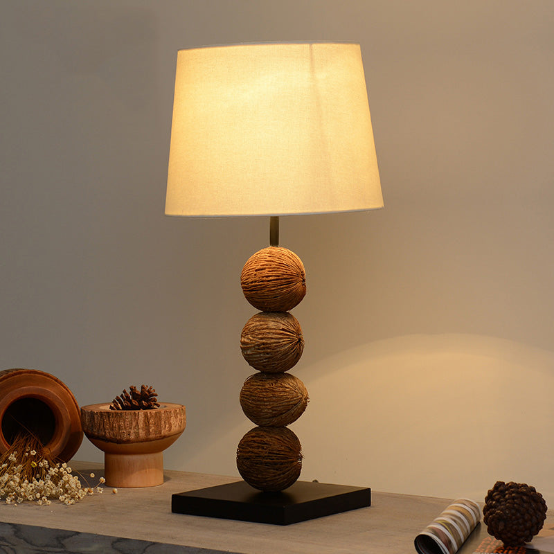 Wood Dry Fruits Shape Nightstand Light Asian 1 Light Brown Night Table Lamp with Fabric Shade