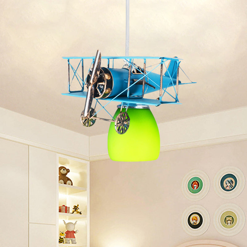 Wright Flyer Aircraft Suspension Light Kids Metal 1 Head Red/Blue/Yellow Pendant Lighting with Bottom Dome Colored Glass Shade