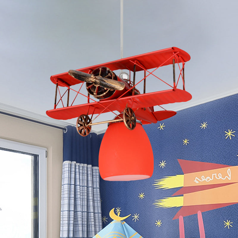 Wright Flyer Aircraft Suspension Light Kids Metal 1 Head Red/Blue/Yellow Pendant Lighting with Bottom Dome Colored Glass Shade