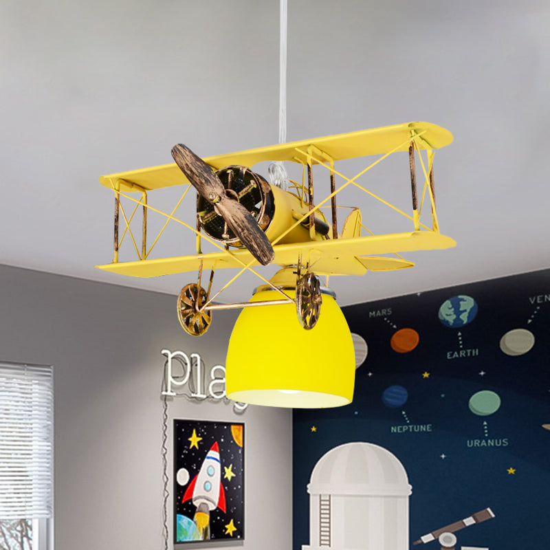 Wright Flyer Aircraft Suspension Light Kids Metal 1 Head Red/Blue/Yellow Pendant Lighting with Bottom Dome Colored Glass Shade