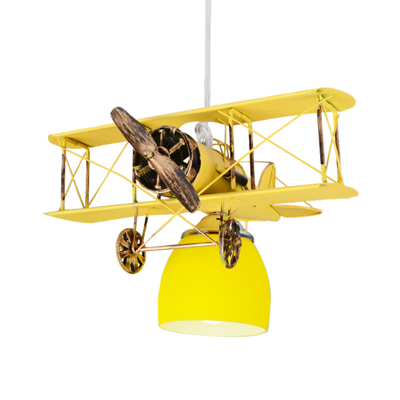 Wright Flyer Aircraft Suspension Light Kids Metal 1 Head Red/Blue/Yellow Pendant Lighting with Bottom Dome Colored Glass Shade