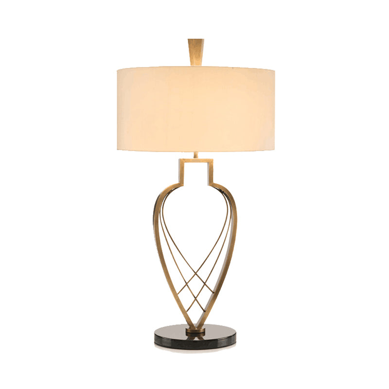 Modern Drum Night Table Light Fabric 1 Bulb Study Room Reading Lamp in Beige with Gold Urn Frame Base