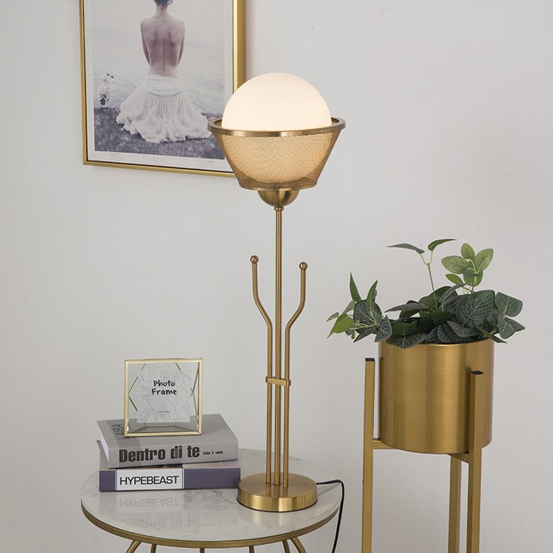 Brass Finish Ball Table Lighting Post Modern 1 Bulb Metallic Reading Book Lamp with Trident Base