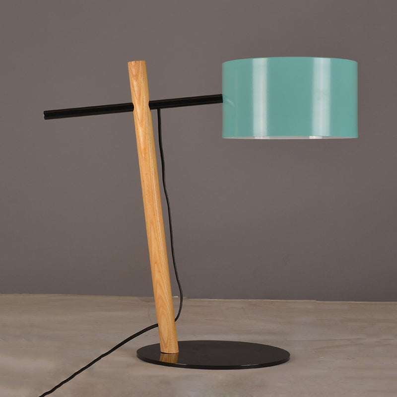 Drum Shape Plug-In Table Lamp Modernist Metallic 1 Light Blue and Wood Desk Lamp with Balance Arm