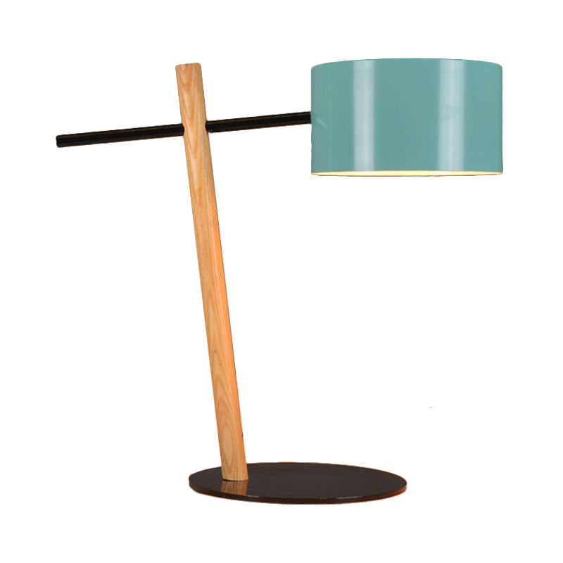 Drum Shape Plug-In Table Lamp Modernist Metallic 1 Light Blue and Wood Desk Lamp with Balance Arm