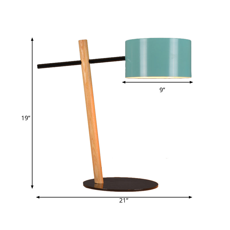 Drum Shape Plug-In Table Lamp Modernist Metallic 1 Light Blue and Wood Desk Lamp with Balance Arm