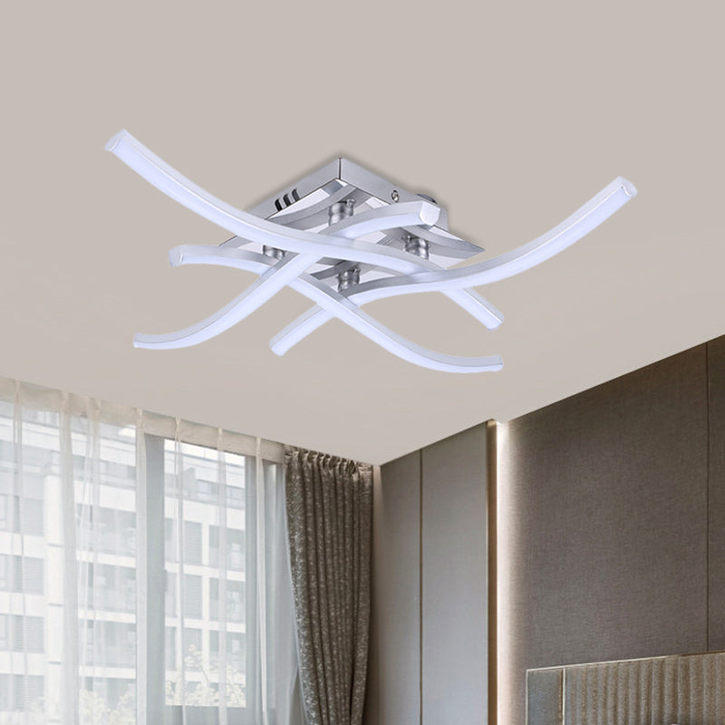 Silver Crossed Wave Semi Flush Modernist LED Metallic Ceiling Mounted Light in White/Warm Light