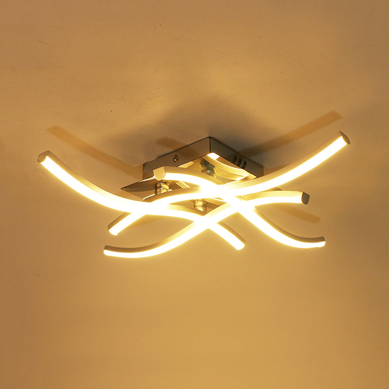 Silver Crossed Wave Semi Flush Modernist LED Metallic Ceiling Mounted Light in White/Warm Light