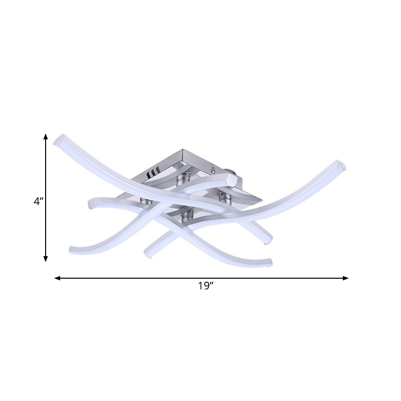 Silver Crossed Wave Semi Flush Modernist LED Metallic Ceiling Mounted Light in White/Warm Light