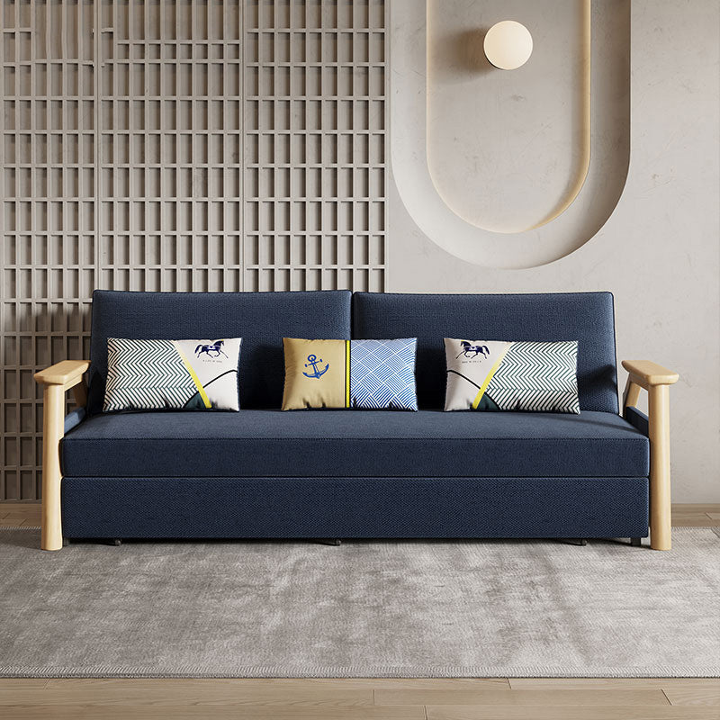 Contemporary Blue Futon Sleeper Sofa Bed with Wooden Square Arms