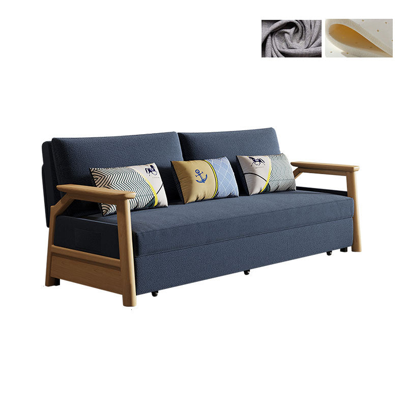 Contemporary Blue Futon Sleeper Sofa Bed with Wooden Square Arms