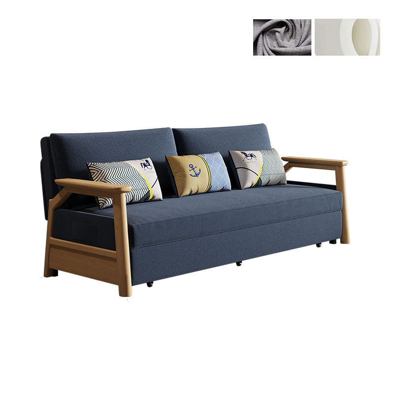 Contemporary Blue Futon Sleeper Sofa Bed with Wooden Square Arms