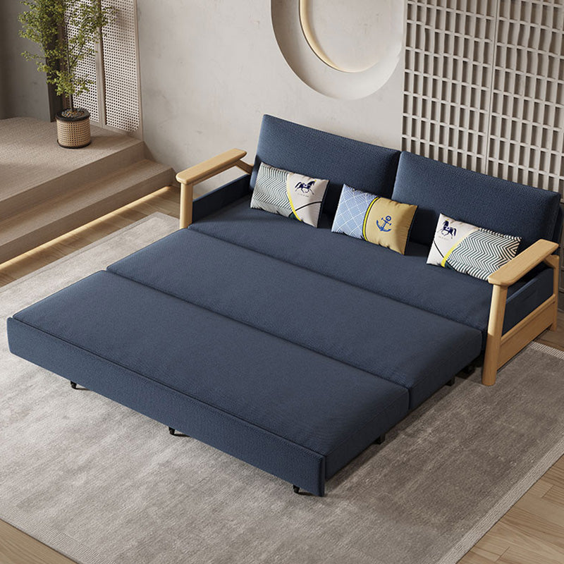 Contemporary Blue Futon Sleeper Sofa Bed with Wooden Square Arms
