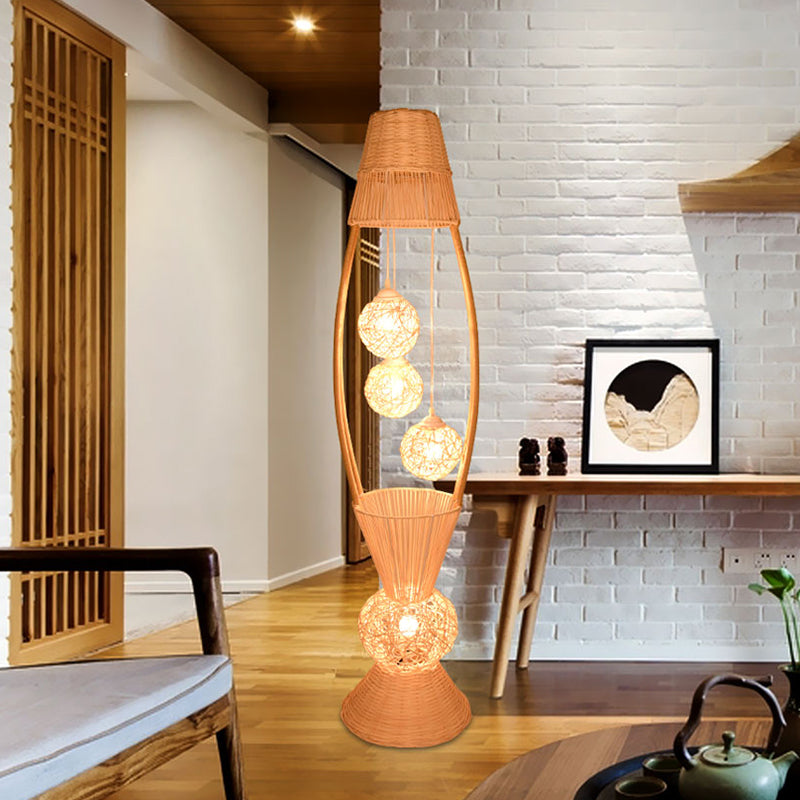 Fish Basket Floor Stand Light Art Deco Bamboo Rattan 4 Lights Wood Floor Lamp with Ball Shade for Living Room