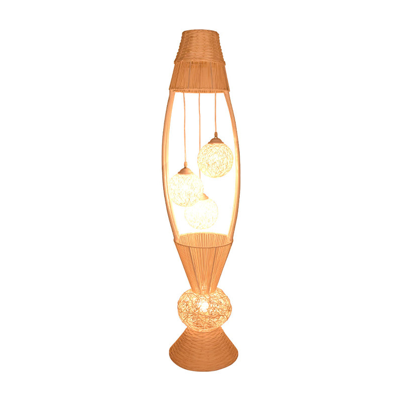 Fish Basket Floor Stand Light Art Deco Bamboo Rattan 4 Lights Wood Floor Lamp with Ball Shade for Living Room