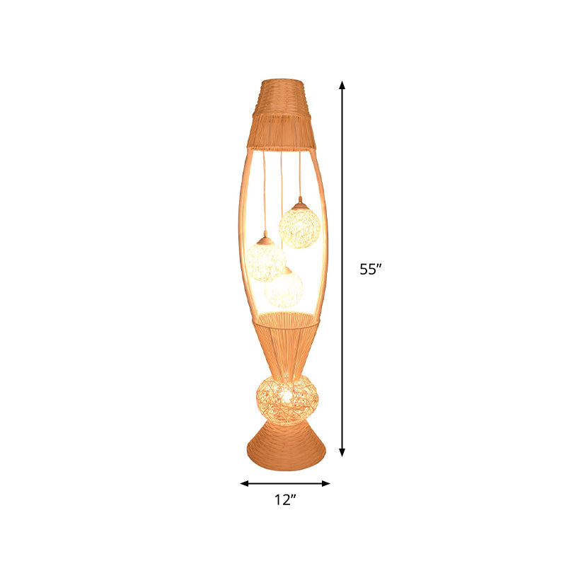 Fischkorbbodenständer hell Art Deco Bambus Rattan 4 Lichter Holzstehlampe mit Kugelschatten für Wohnzimmer