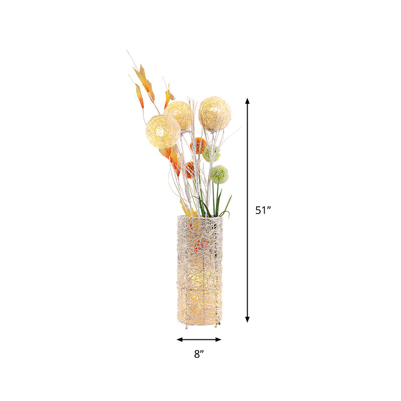 Beige Flower Vase Standing Light Art Deco 4 Heads Rattan Floor Lamp for Living Room