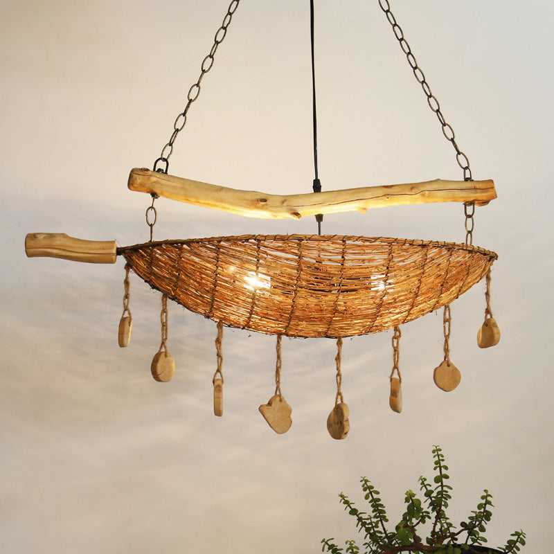 Asiatische Bootsform Decke Kronleuchter Bambus Rattan 2 Heads Restaurant Suspension Lampe in Flaxen mit Holzakzent