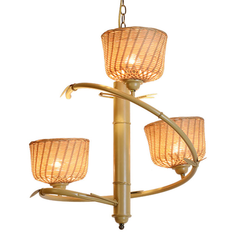 Candelera colgante de bambú espiral asiático 3 bulbos beige hacia arriba luz colgante de techo con tazón de ratán