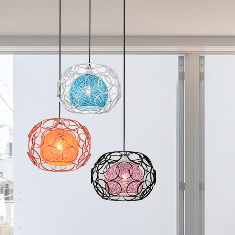 Colorful Rattan Globe Multi Ceiling Light Modern Asia 3-Light Hanging Pendant with Black Round Canopy