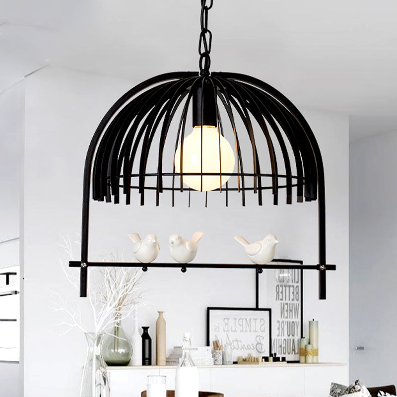 Metal Dome Shade Ceiling Pendant Light with Bird Cage Design Lodge Style 1 Bulb Indoor Hanging Lamp in Black/White