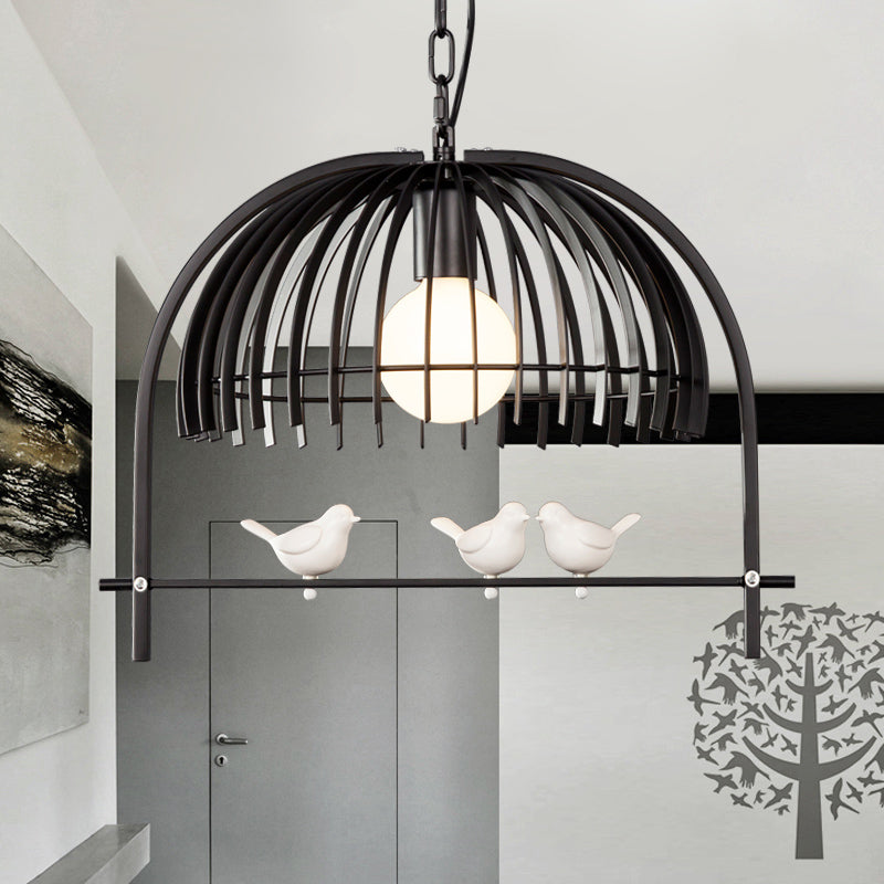 Metal Dome Shade Ceiling Pendant Light with Bird Cage Design Lodge Style 1 Bulb Indoor Hanging Lamp in Black/White