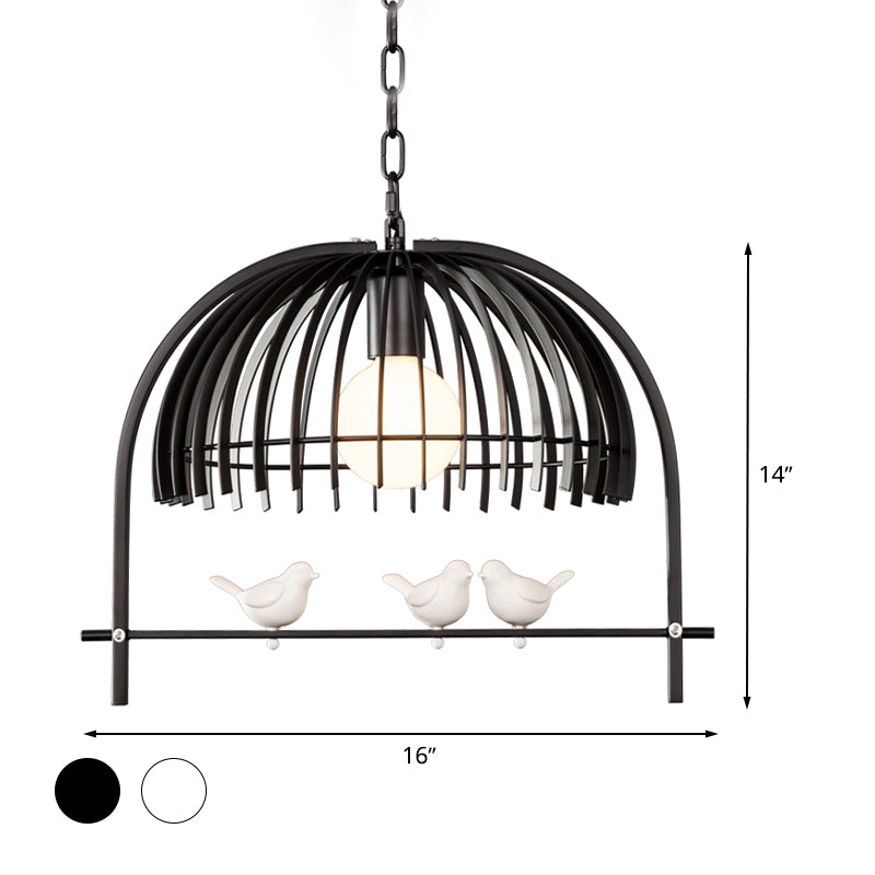 Metal Dome Shade Ceiling Pendant Light with Bird Cage Design Lodge Style 1 Bulb Indoor Hanging Lamp in Black/White