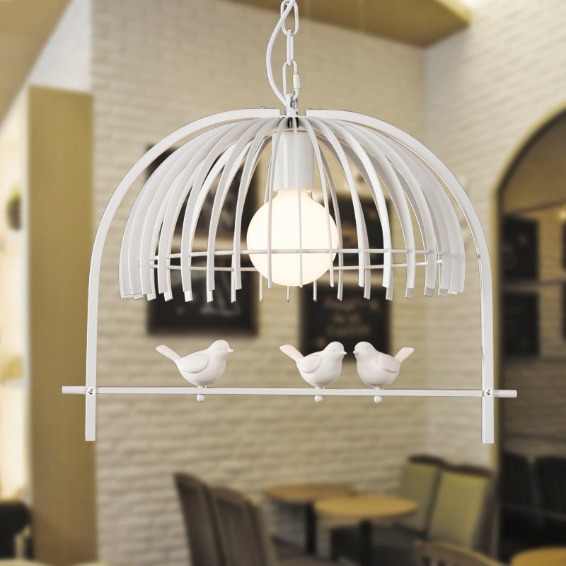 Metal Dome Shade Ceiling Pendant Light with Bird Cage Design Lodge Style 1 Bulb Indoor Hanging Lamp in Black/White