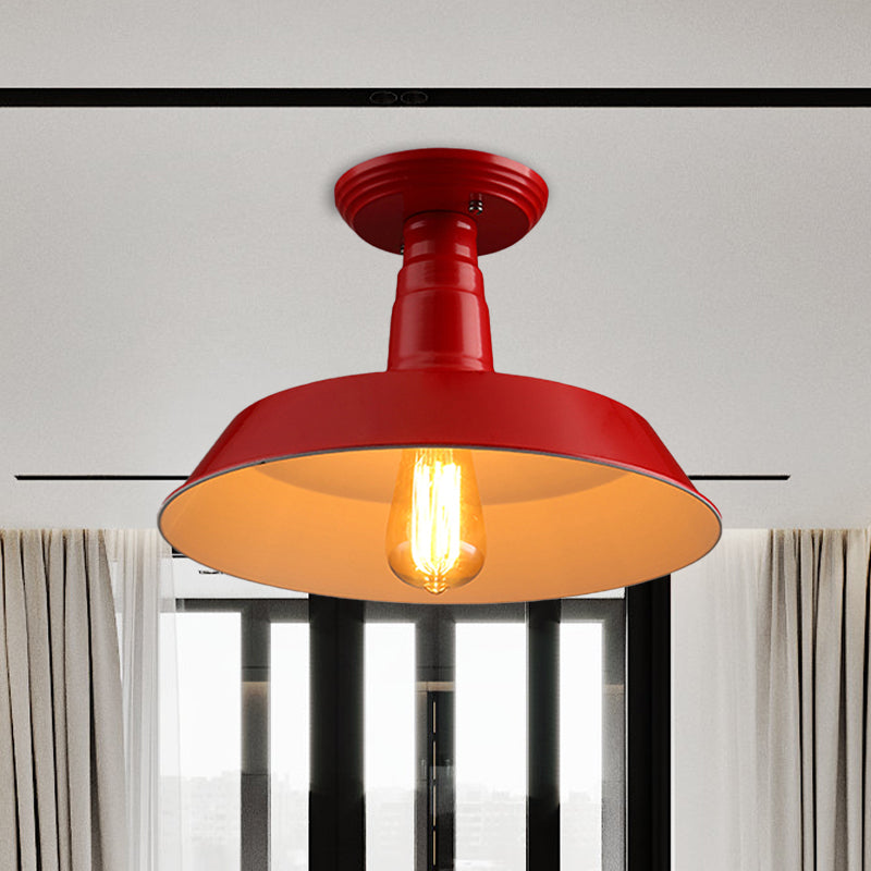 Black / Red 1 Head Semi Flush Light Industrial Style Metallic Barn Shade Plafond Lightture For Corridor, 10 "/ 14" W