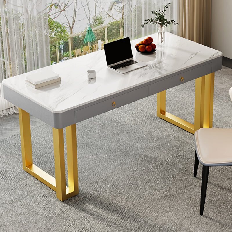 Rectangle Stone Top Office Desk Glam Style Writing with Metal Base Desk for Office