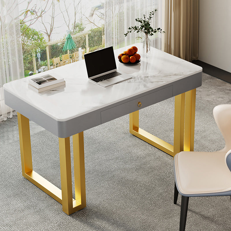 Rectangle Stone Top Office Desk Glam Style Writing with Metal Base Desk for Office