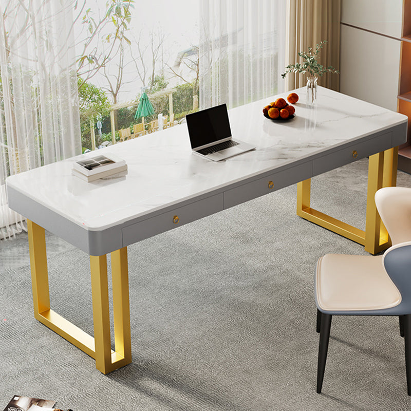 Rectangle Stone Top Office Desk Glam Style Writing with Metal Base Desk for Office