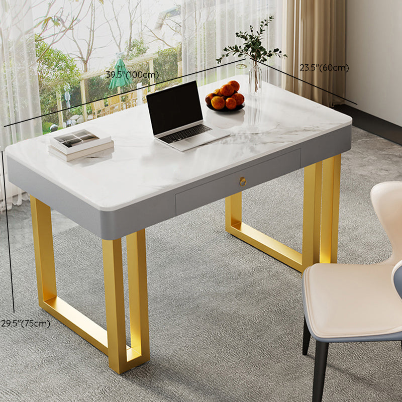 Rectangle Stone Top Office Desk Glam Style Writing with Metal Base Desk for Office