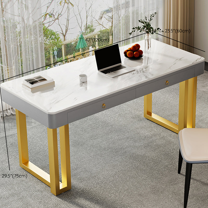 Rectangle Stone Top Office Desk Glam Style Writing with Metal Base Desk for Office