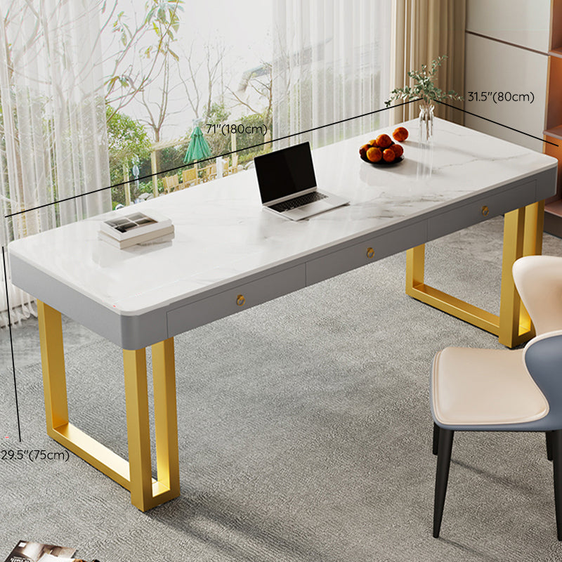 Rectangle Stone Top Office Desk Glam Style Writing with Metal Base Desk for Office