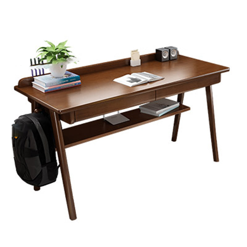 Rubber Wood Office Desk 2 Drawers Solid Wood Home Writing Desk with Shelf