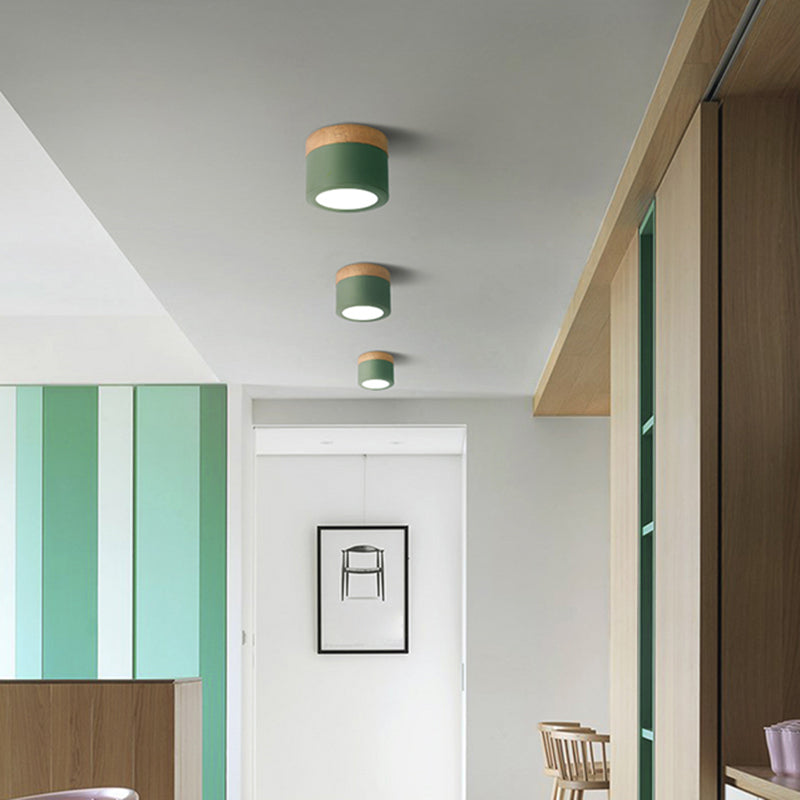 Modernism Cylinder Flush Mount Ceiling Light Fixture with Wood for Corridor