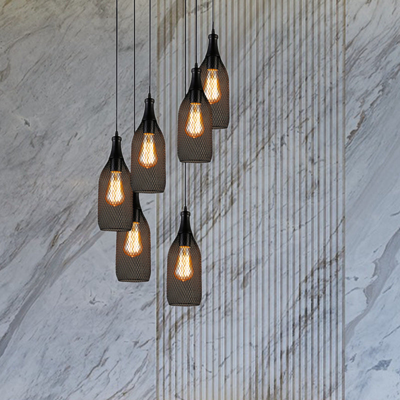 3/6 Lichter Metall Pendellanter Leuchtanlagen Industrial Style Black Flaschennetz Schatten Restaurant Hanging Lampe