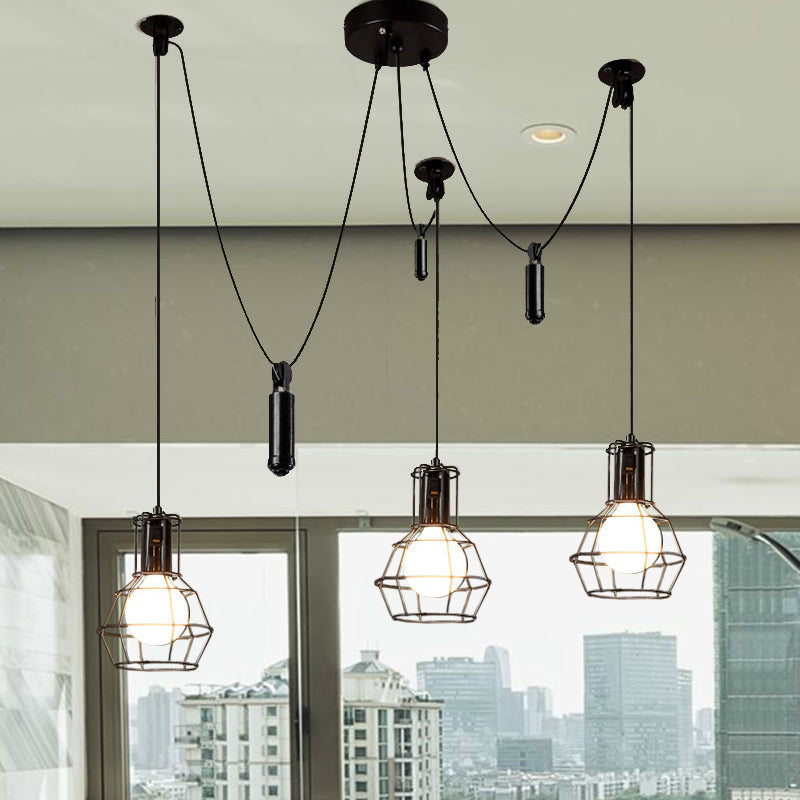 3/5/8 Heads Caged Pendant Light Fixture Farmhouse Black Metallic Hanging Lamp with Swag Design